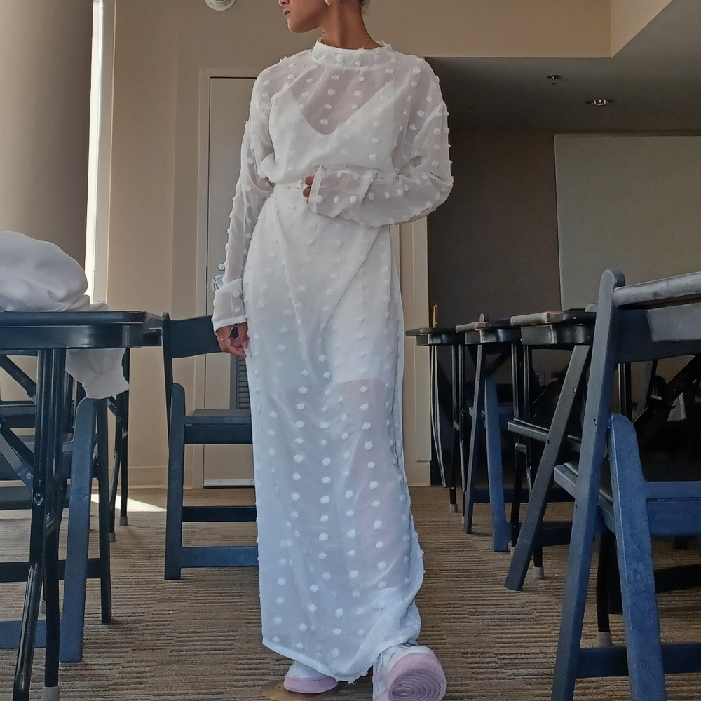 Choosy Sheer White Clipdot Maxi Dress w/ backslit